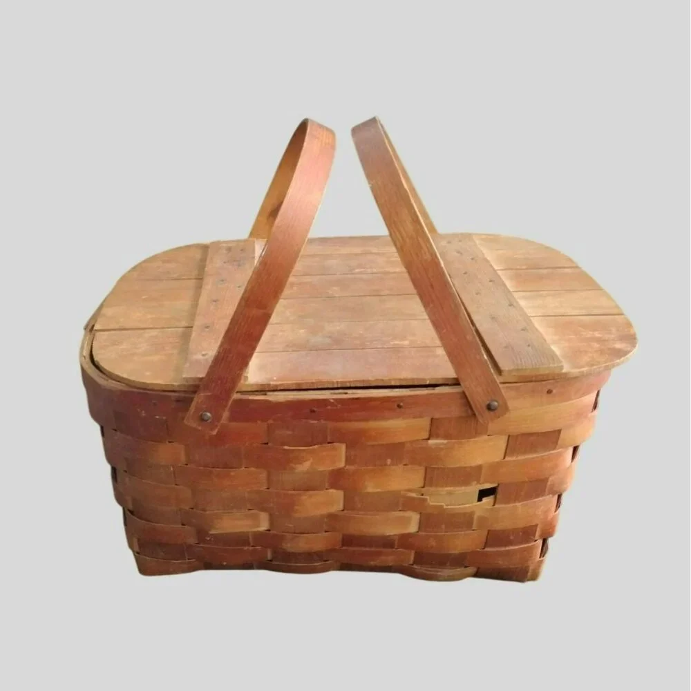 Vintage Picnic Basket Wov-N-Wood by Jerywil, 1940s Wooden Handles Hinged Lid
